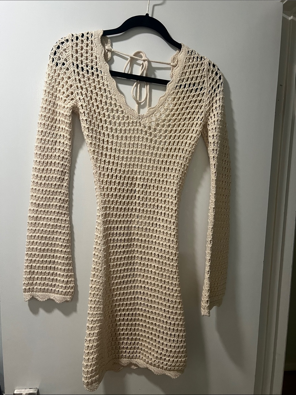 Crochet Long Sleeve V-Neck Dress in Cream